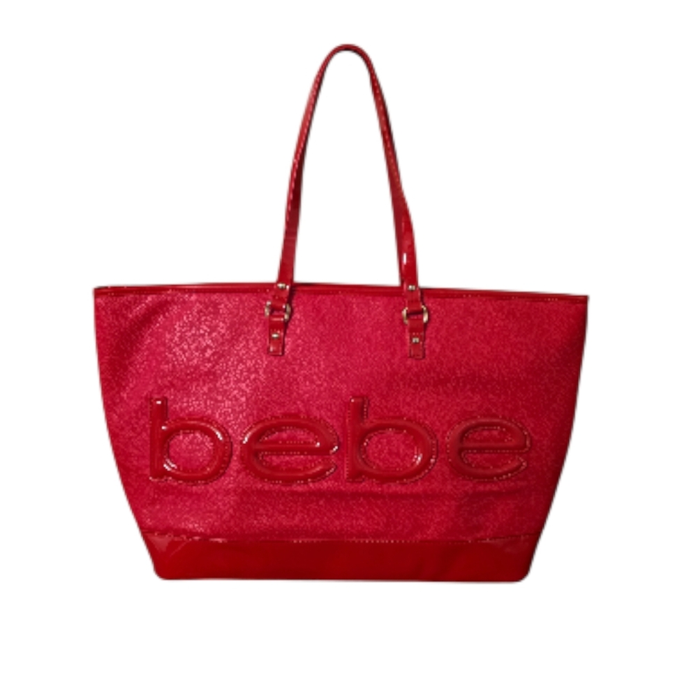 BEBE Red Madison Pebbled Leather Large Shoulder Tote